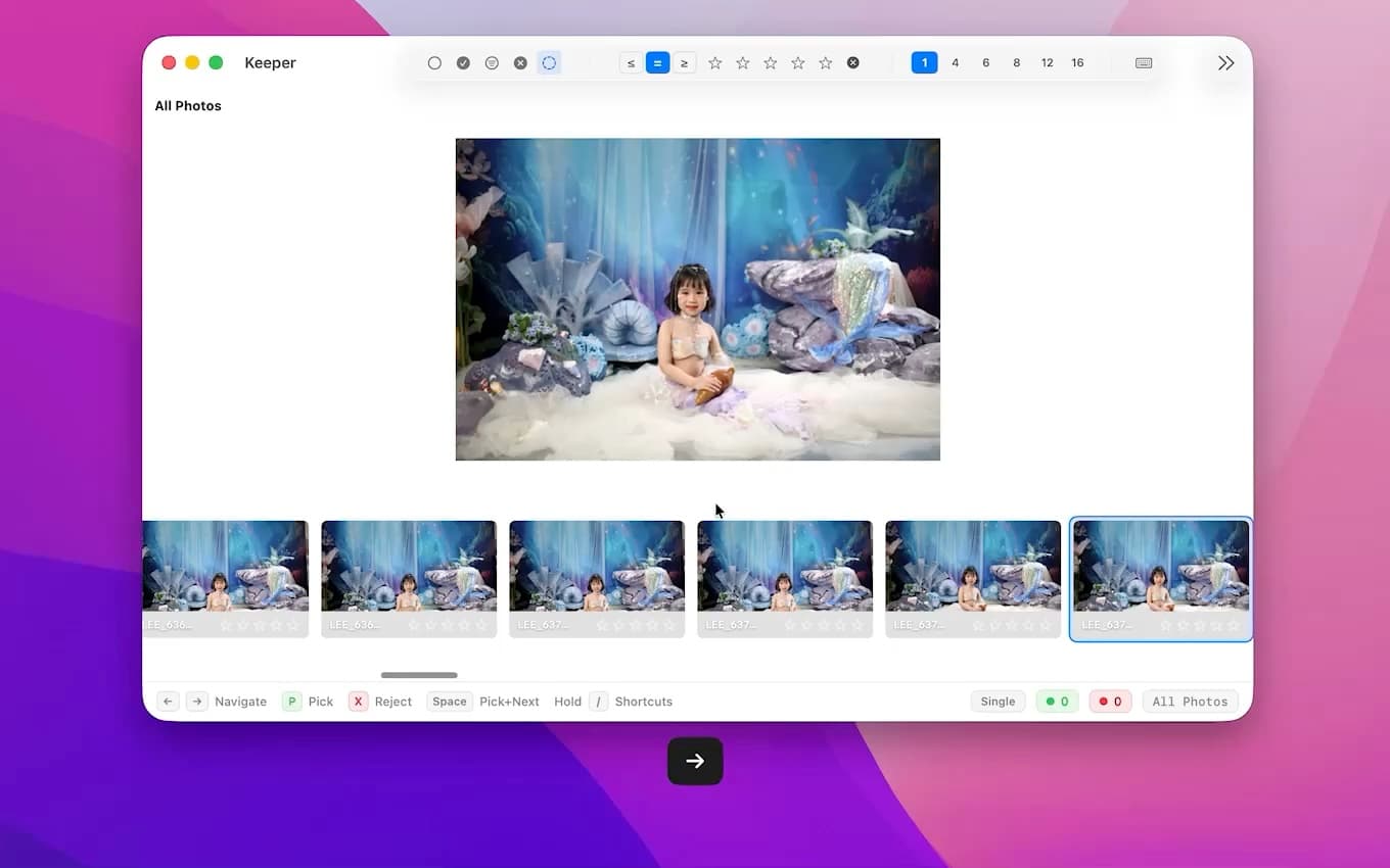 Keeper gallery view showing a fast photo culling workflow